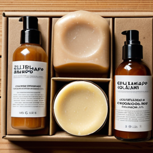 **Solid cosmetics arrangement:** A beautifully arranged collection of solid shampoo bars, conditioner bars, facial soap, and deodorant, displayed on a natural wood surface with minimalist, biodegradable packaging (kraft paper, plantable seed paper). Focus on natural light and earth tones, conveying sustainability and eco-friendliness.