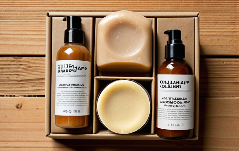 **Solid cosmetics arrangement:** A beautifully arranged collection of solid shampoo bars, conditioner bars, facial soap, and deodorant, displayed on a natural wood surface with minimalist, biodegradable packaging (kraft paper, plantable seed paper). Focus on natural light and earth tones, conveying sustainability and eco-friendliness.